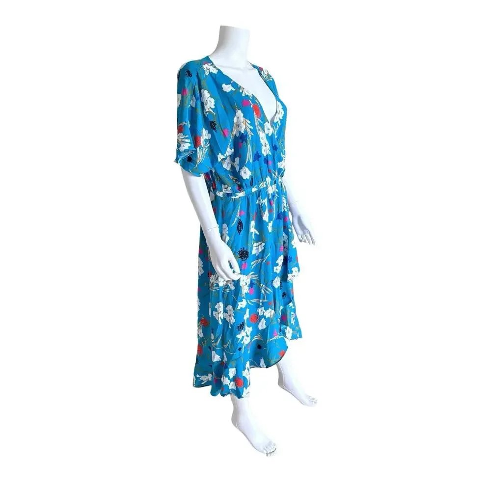 J Crew Mercantile Faux Wrap Midi Dress Womens Large Blue Floral Flutter Sleeve